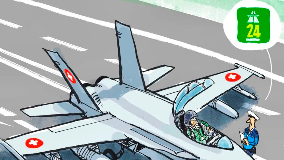 A press drawing by Felix Schaad of Swiss army aircraft landing on the highway, published in the Tages-Anzeiger in 2024.