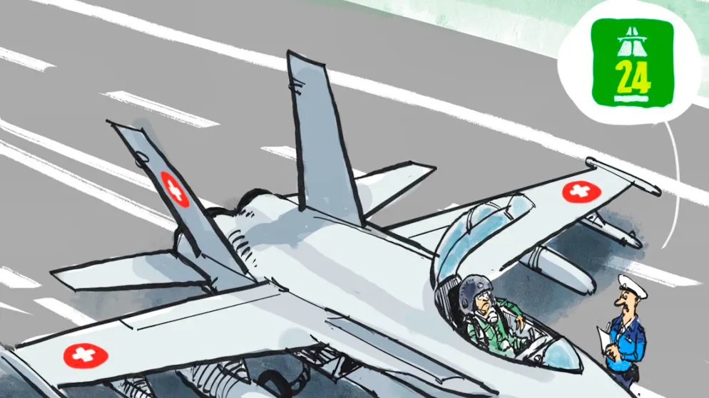 Eine Pressezeichnung von Felix Schaad zur Landung von Schweizer Armeeflugzeugen auf der Autobahn, erschienen 2024 im Tages-Anzeiger.