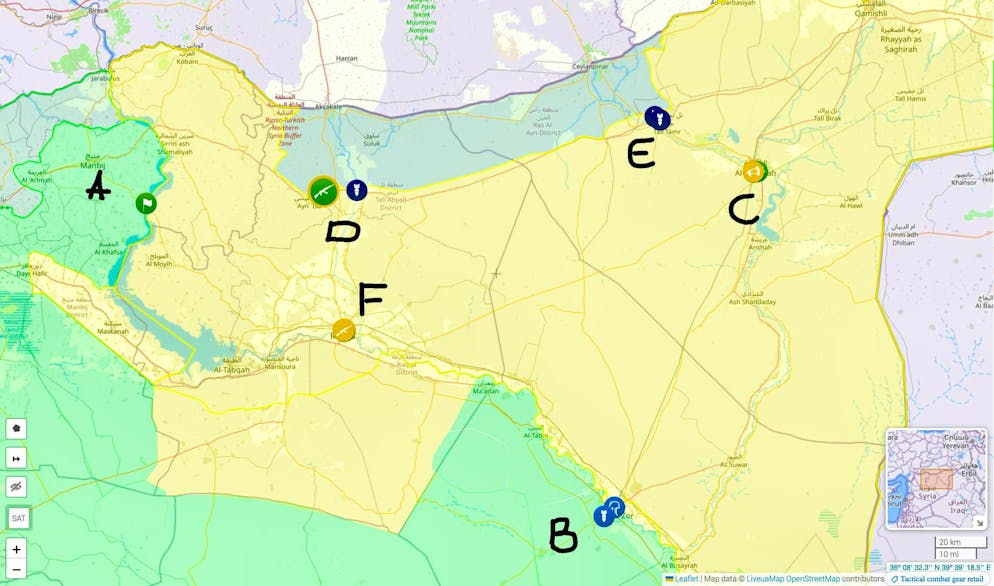 Current map of the situation in north-eastern Syria: The SDF has from Manbij (A) and Dair as-Saur (B). Clashes are reported to have taken place in Raqqa (F) and al-Hasakah (C). Near the small town of Ain Issa (D), SNA and SDF are fighting with each other. At (E), Turkish artillery reportedly takes two villages under fire.