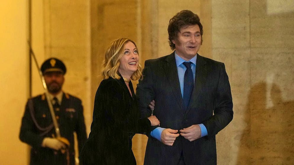 Italian Prime Minister Giorgia Meloni meets Argentinian President Javier Milei at Palazzo Chigi. Photo: Alessandra Tarantino/AP/dpa