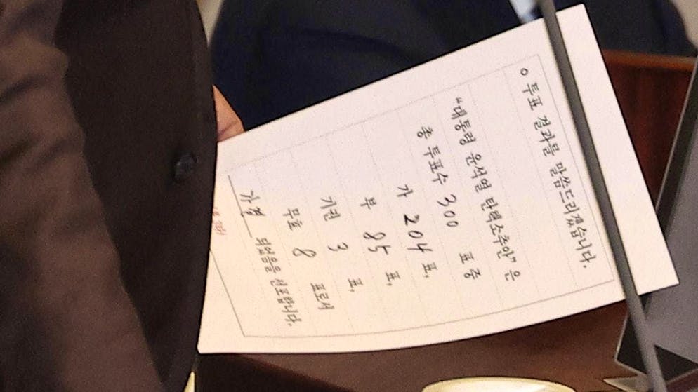 National Assembly Speaker Woo Won-shik holds a paper with the results of the vote on the motion to impeach President Yoon Suk Yeol at the parliament in Seoul. The motion was passed by 204-85 votes, with three abstentions and eight invalid votes. Photo: Yonhap/YNA/dpa