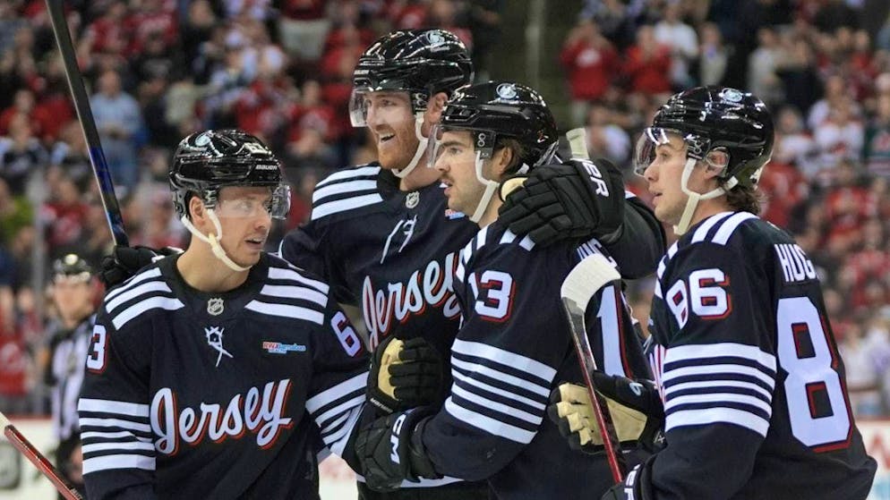 Nico Hischier (2nd from right) is currently the top scorer for the New Jersey Devils with 16 goals this season.