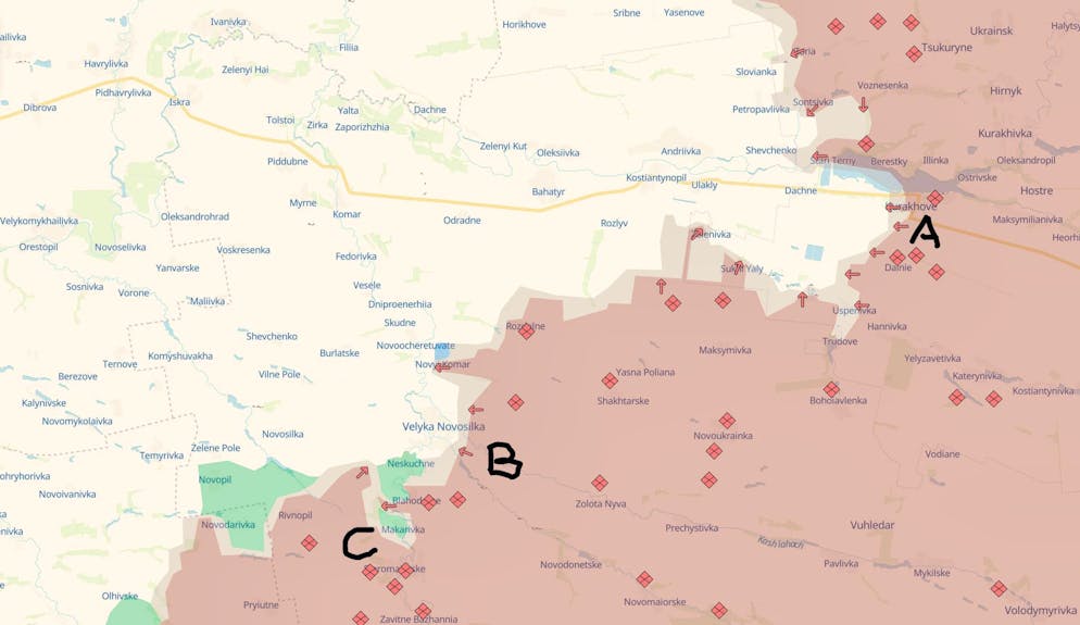 Am 16. Dezember ist Kurachowe (A) verloren. Die Front Hat Welyka Nowosilka (B) erreicht. Im Dorf Makarivka (C) sieht es schlecht für die Ukrainian Armee aus.