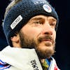 Second placed Cyprien Sarrazin of France celebrates during the Awards ceremony of the men's downhill race at the Alpine Skiing FIS Ski World Cup in Wengen, Switzerland, Saturday, January 13, 2024. (KEYSTONE/Jean-Christophe Bott)