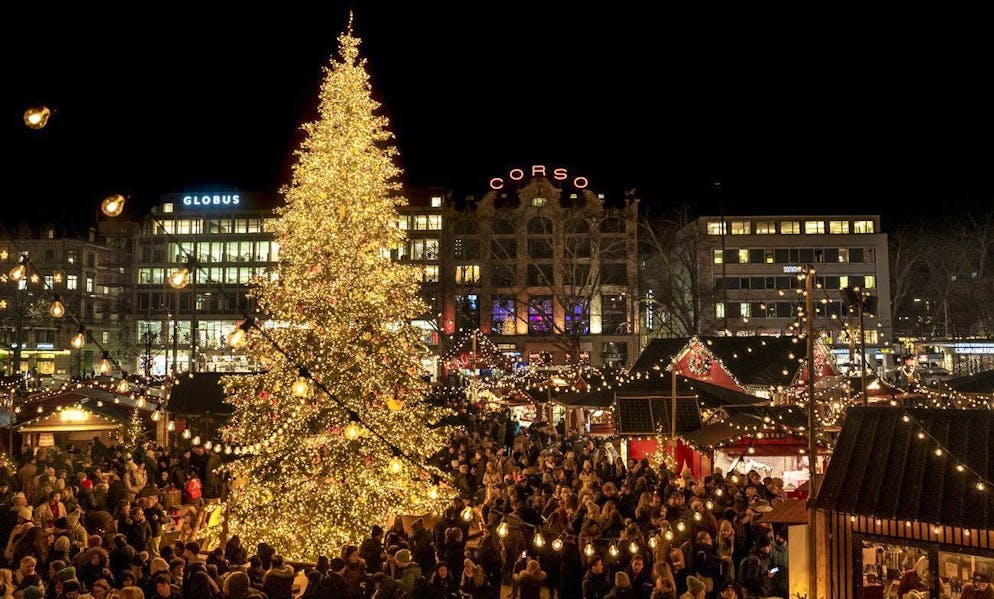 The Christmas tree at Zurich's Wienachtsdorf at Bellevue on Tuesday, December 10, 2024.