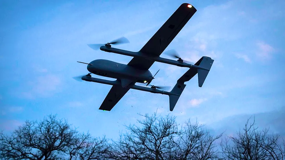 ARCHIVE - A Poseidon H10 medium-range drone of the Ukrainian 22nd Mechanized Brigade flies on the front line near Bakhmut in the Donetsk region. Photo: Efrem Lukatsky/AP/dpa