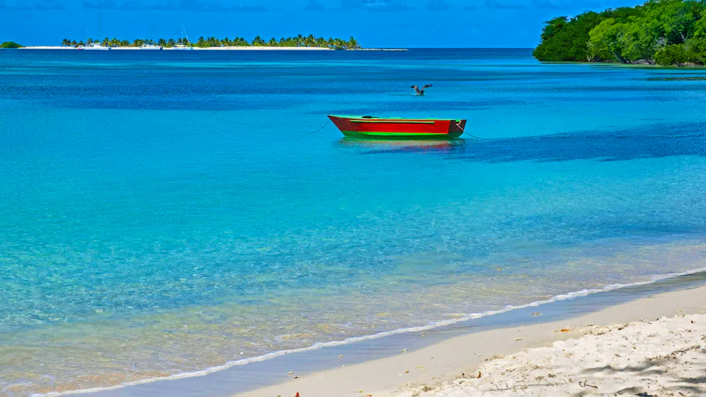 Vue sur Sandy Island depuis Paradise Beach sur l'île de Carriacou, dans les Caraïbes.