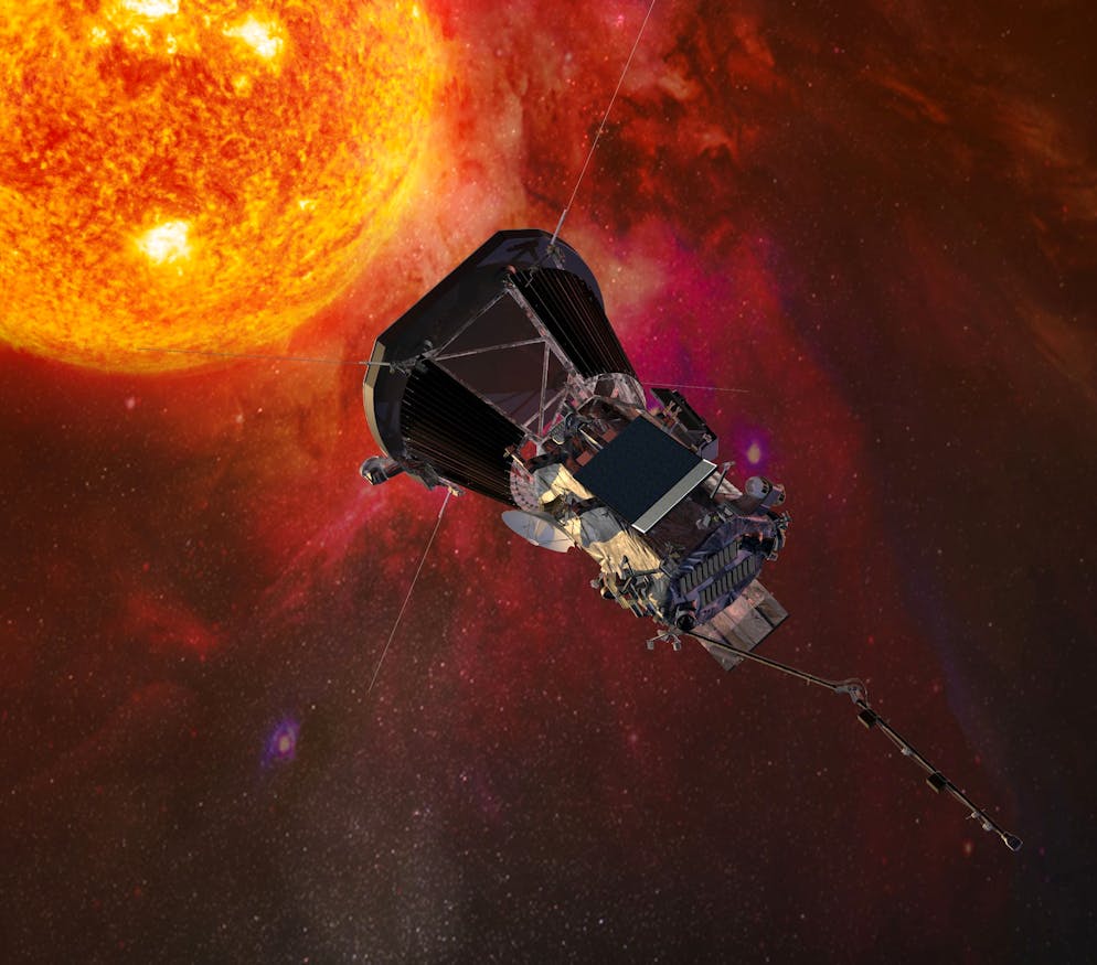 Sonde passiert Sonne in Rekordnähe - Gallery. Die Computergrafik zeigt die «Parker Solar Probe»-Sonde der US-Raumfahrtbehörde Nasa auf dem Weg zur Sonne.