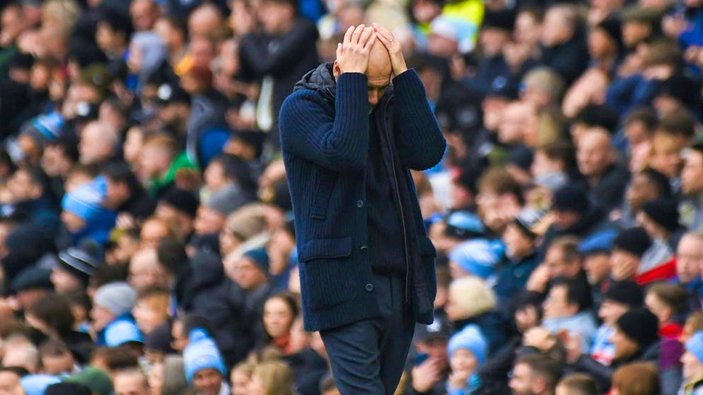 Manchester City's crisis continues - draw against Everton - Gallery. Pep Guardiola despairs at Manchester City's crisis.