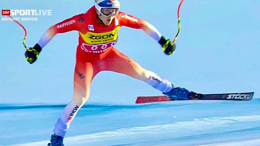 Marco Odermatt's airbag opens after a near-crash.