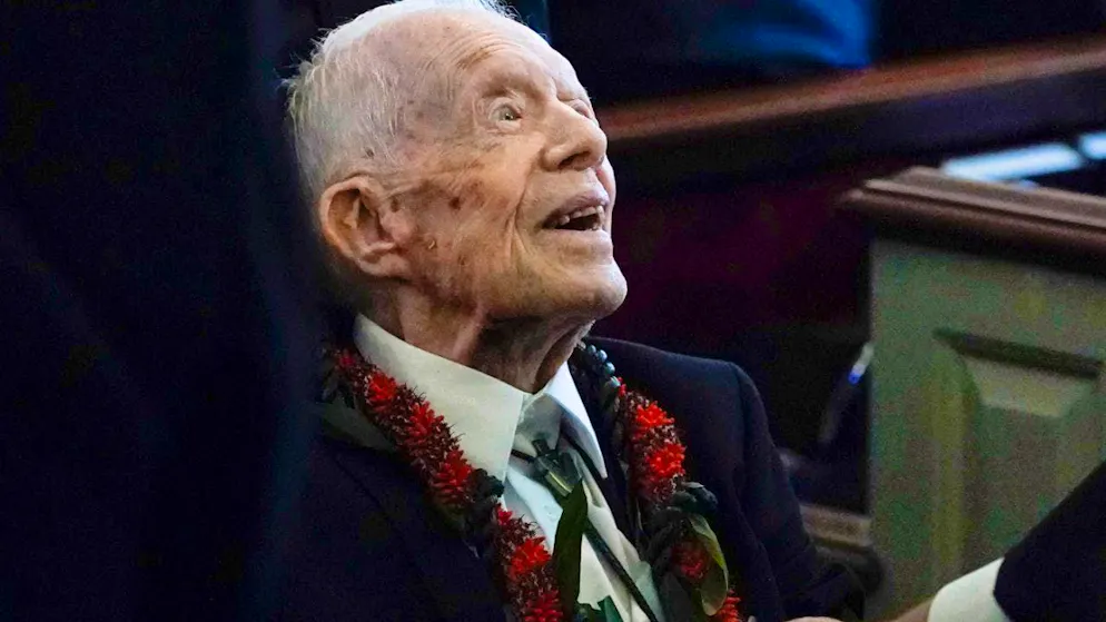 ARCHIVE - Jimmy Carter, former President of the United States, greets guests after the funeral service for former First Lady Rosalynn Carter. Photo: Alex Brandon/AP Pool/dpa