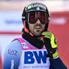 Tommaso Sala of Italy reacts in the finish area during the second run of the men's slalom race at the Alpine Skiing FIS Ski World Cup in Wengen, Switzerland, Sunday, January 14, 2024. (KEYSTONE/Jean-Christophe Bott)