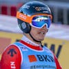 Josua Mettler of Switzerland reacts in the finish after the men's super-g race at the Alpine Skiing FIS Ski World Cup in Wengen, Switzerland, Friday, January 12, 2024. (KEYSTONE/Peter Schneider)