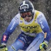 Italy's Pietro Zazzi speeds down the course during an alpine ski, men's World Cup Super-G in Val Gardena, Italy, Friday, Dec. 20, 2024. (AP Photo/Gabriele Facciotti)