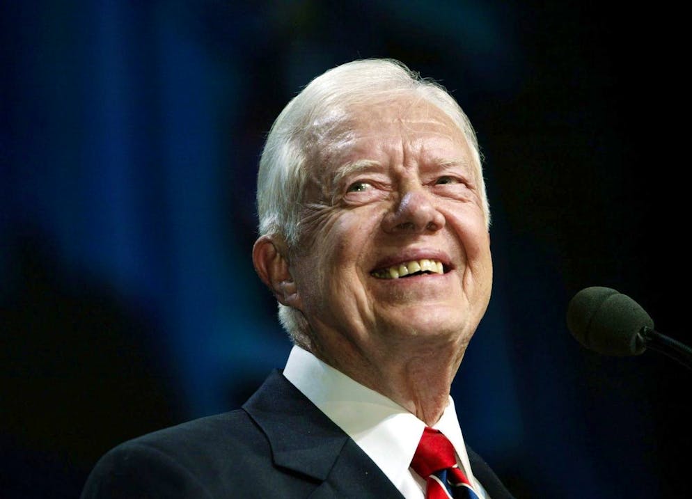 Former U.S. President Jimmy Carter speaks at a Democratic Party fundraiser in Washington, DC, Thursday 25 March 2004. Carter stressed Presidential candidate John Kerry military service and suggested Kerry would make a great president. (KEYSTONE/EPA/Chris Kleponis)