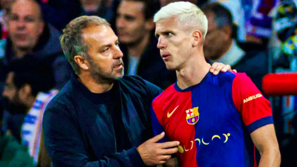 Two faces of the Barça crisis, for different reasons: Hansi Flick and Dani Olmo.