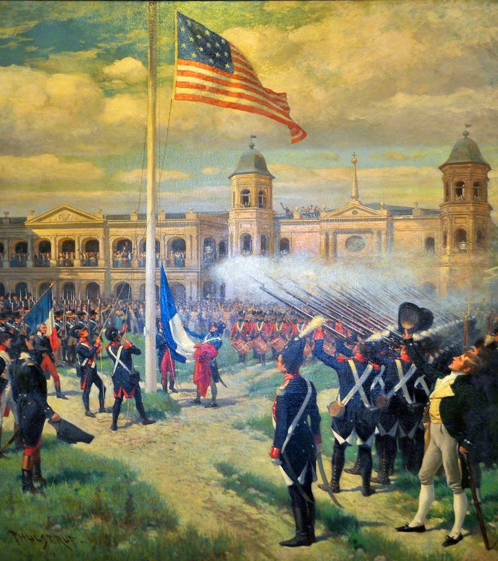 Übergabe-Zeremonie in Loisiana am 20. Dezember 1803 auf einem Gemälde von Thure de Thulstrup von 1902.