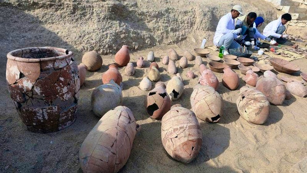 Artifacts on the embankment of the mortuary temple of Queen Hatshepsut in Deir al-Bahri on the west bank of the Nile in Luxor.