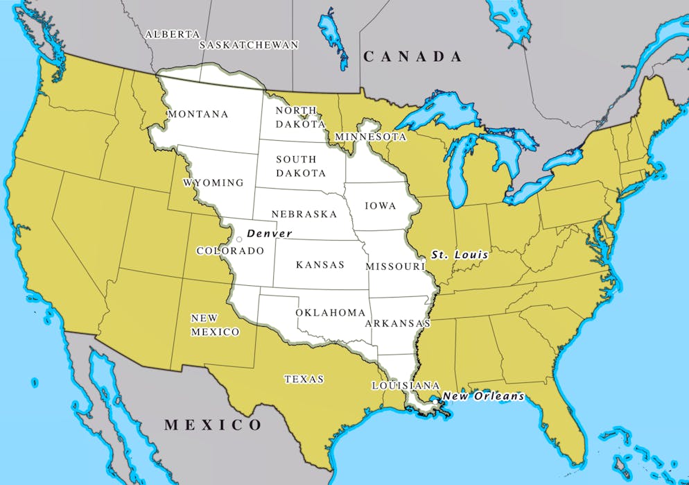 Das 1803 erworbene Gebiet beschränkt sich bei weitem nicht auf den Küstenstaat Louisiana, sondern erstreckt sich über mehrere US-Bundesstaaten bis nach Kanada.