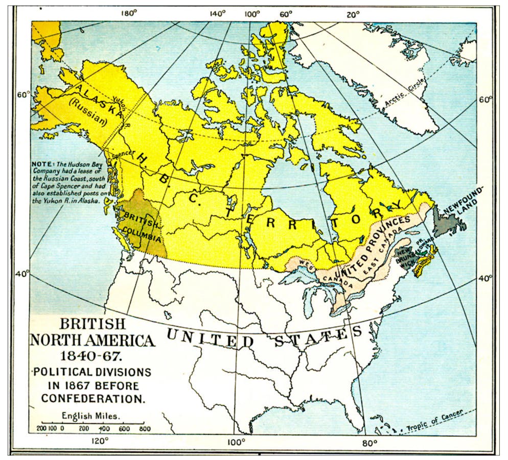 Britisch-Nordamerika zwischen 1840 und 1867, Karte aus dem The Cambridge Modern History Atlas von 1912.