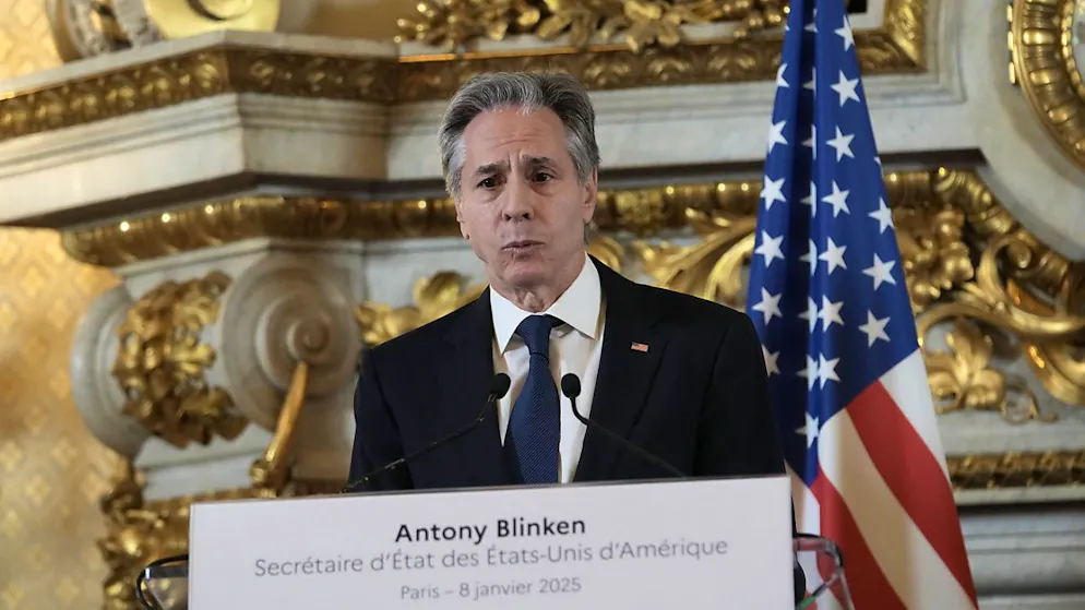Il Segretario di Stato USA Antony Blinken, durante il suo discorso oggi a Parigi.