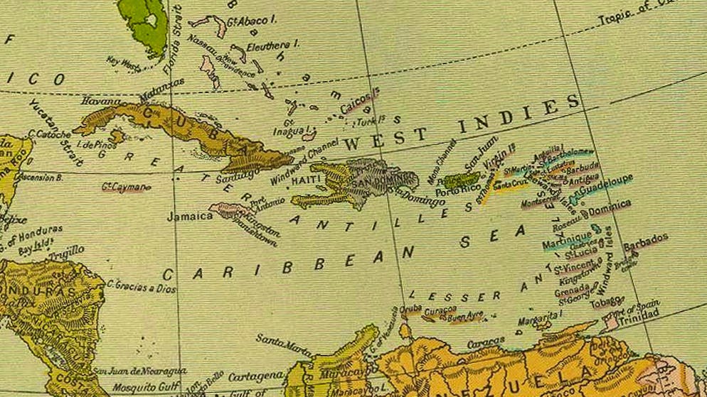 The Caribbean on a map from the Cambridge Modern History Atlas of 1912: the Danish Virgin Islands are underlined in yellow.