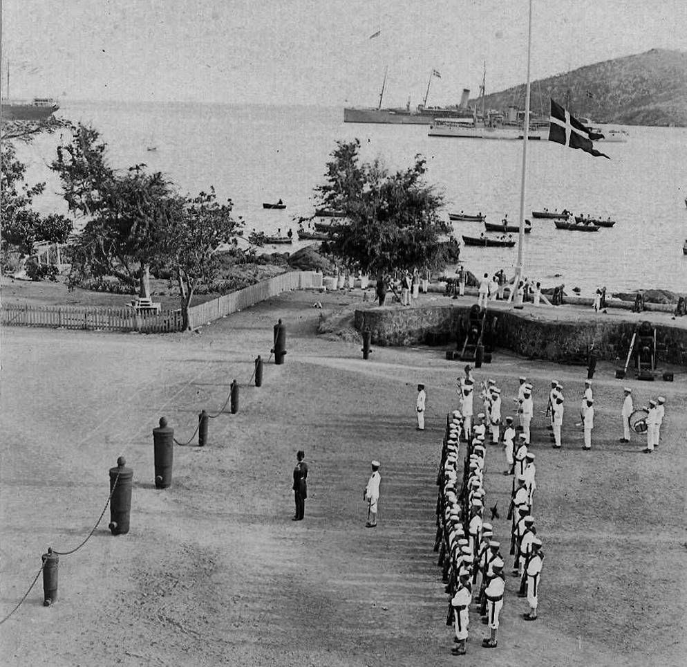 In front of the governor's house on March 31, after 251 years of Danish rule, the Dannebrog on Saint Croix is hauled in for the last time.