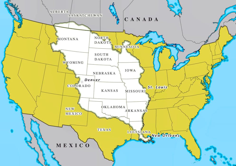 The territory acquired in 1803 is by no means limited to the coastal state of Louisiana, but extends across several US states all the way to Canada.