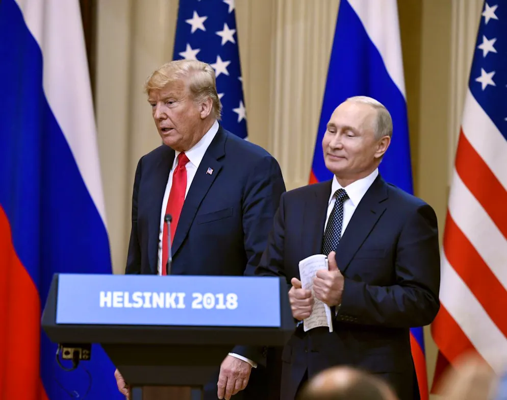 Donald Trump et Vladimir Poutine lors d'une conférence de presse commune au palais présidentiel d'Helsinki en juillet 2018. 