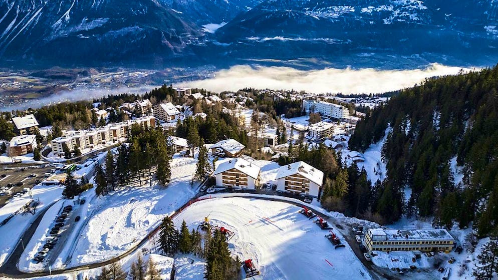 The finish area in Crans-Montana VS, where a new stadium is to be built for the 2027 World Ski Championships.