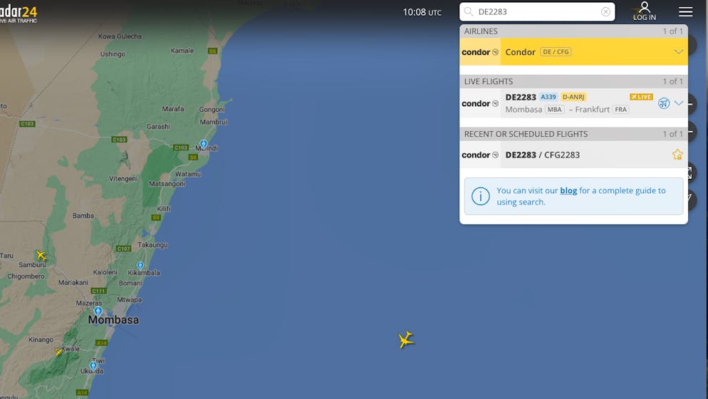 Flightradar zeigt den Airbus von Condor weiterhin am Boden. 