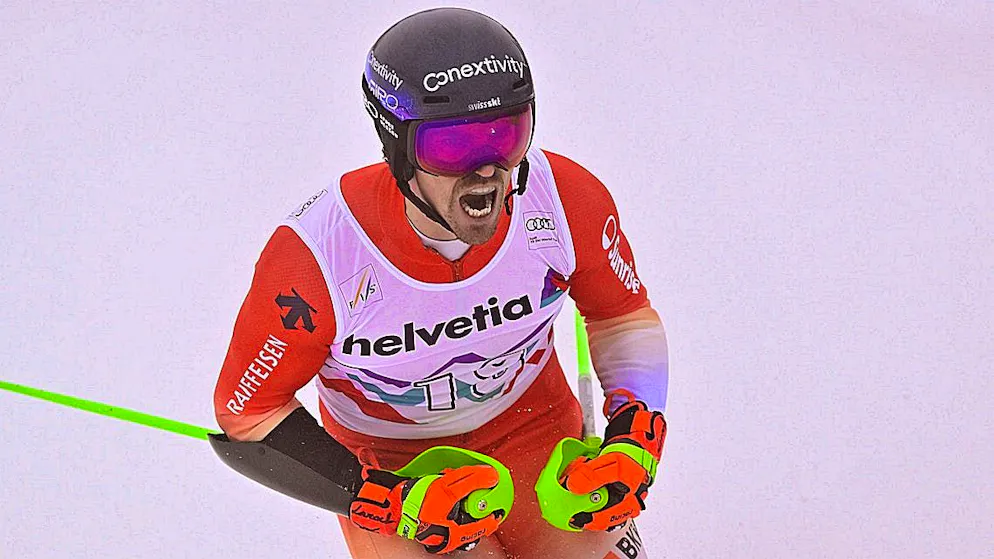Marc Rochat celebrates his strong second run after crossing the finish line in Adelboden.