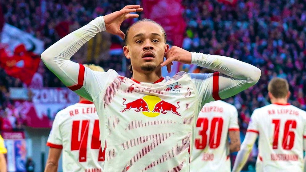 Leipzig's Xavi Simons celebrates after scoring.