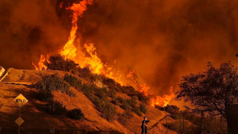 A firefighter battles the Palisades Fire in Mandeville Canyon in Los Angeles. Photo: Jae C. Hong/AP/dpa