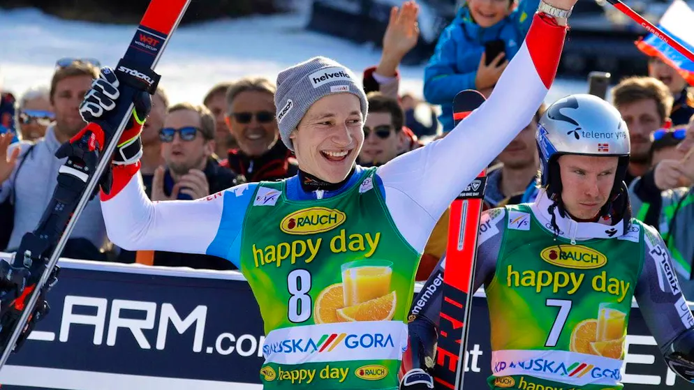 Marco Odermatt celebrates his first World Cup podium in Kranjska Gora.