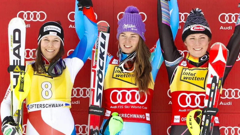 Three greats on the slalom podium in Ofterschwang 2013: Wendy Holdener, Tina Maze and Mikaela Shiffrin.