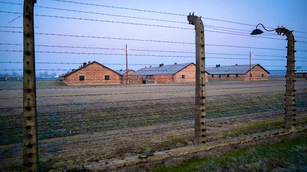 ARCHIVE - Barbed wire fences and barracks of the former Auschwitz-Birkenau extermination camp. Photo: Kay Nietfeld/dpa