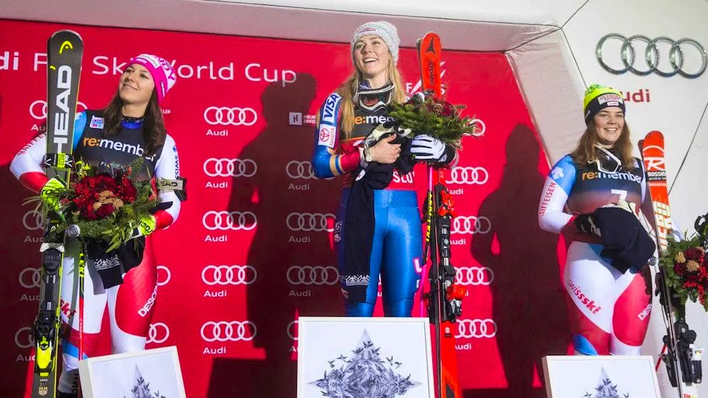 Melanie Meillard together with Wendy Holdener and Mikaela Shiffrin on the podium.