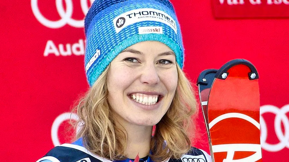 Michelle Gisin beaming after her first World Cup podium.