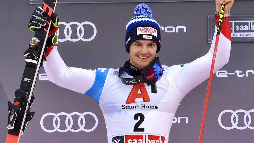 Loic Meillard on his first World Cup podium in the giant slalom in Saalbach - followed by another podium in the slalom a day later.