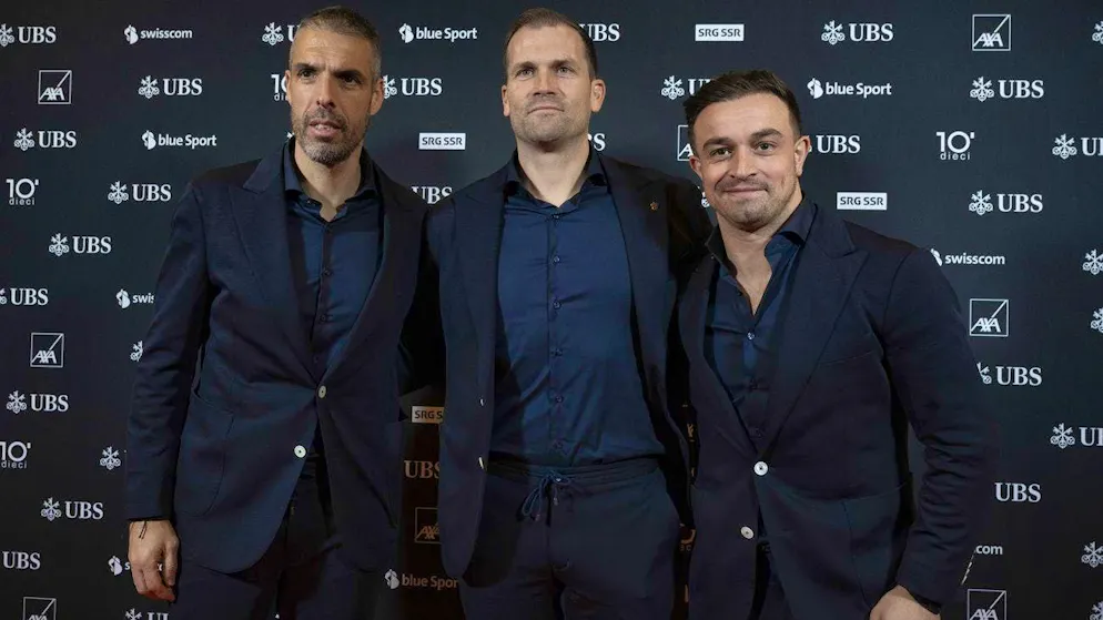 The FCB trio with coach Fabio Celestini, sporting director Daniel Stuck and Xherdan Shaqiri.