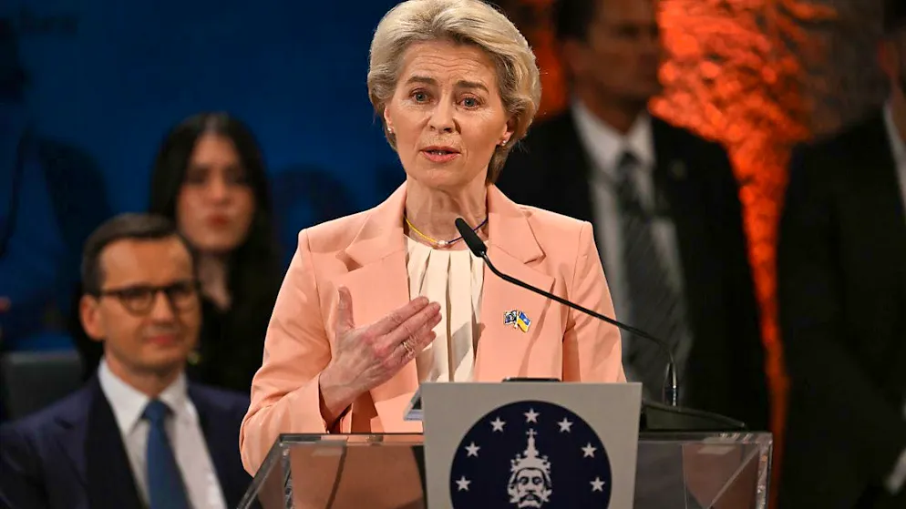 ARCHIVE - The President of the European Commission Ursula von der Leyen speaks at the award ceremony of the Charlemagne Prize 2023 for services to European unity to Ukrainian President Selenskyj. Photo: Federico Gambarini/dpa-Pool/dpa