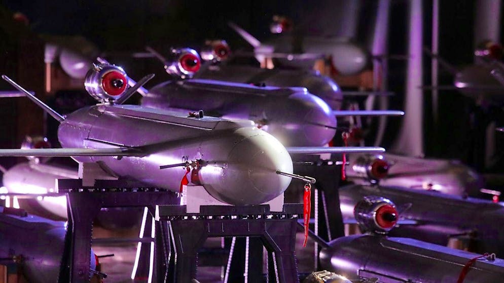 ARCHIVE - New Peklo (Hell) long-range missile drones are displayed during the handover of the first batch to the defense forces on Armed Forces Day in Ukraine. Photo: ---/ukrin/dpa/Archive image