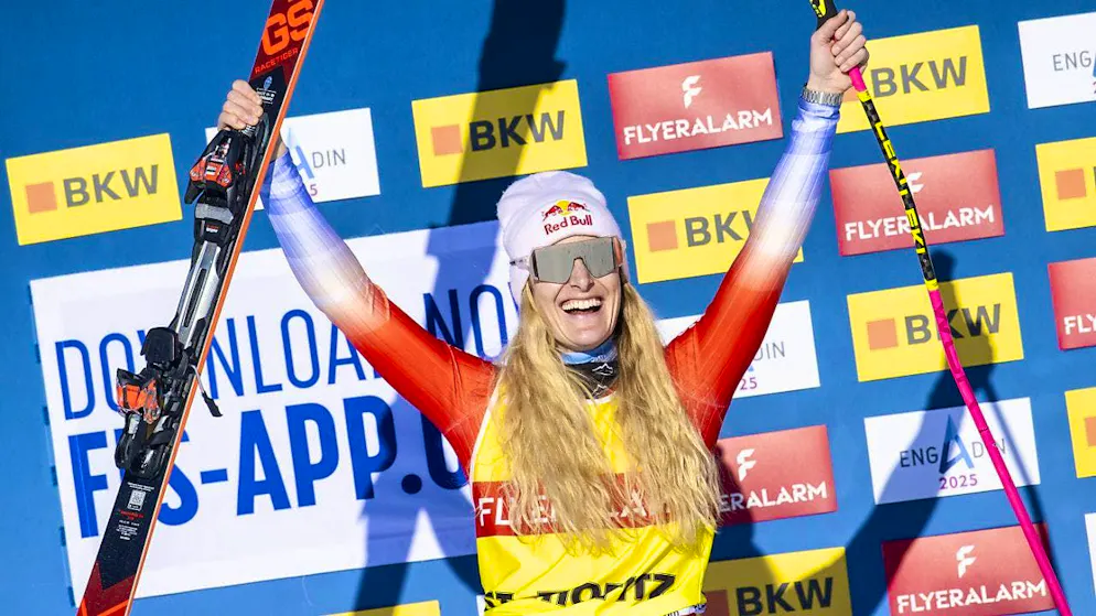 Fanny Smith celebrates her second podium finish of the season on the Reiteralm.