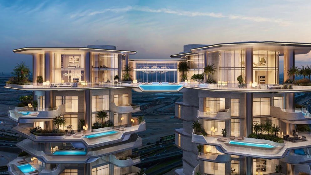 Dubai plant neue Luxustürme. Würdest du den Sprung in diesen schwebenden Pool wagen?
