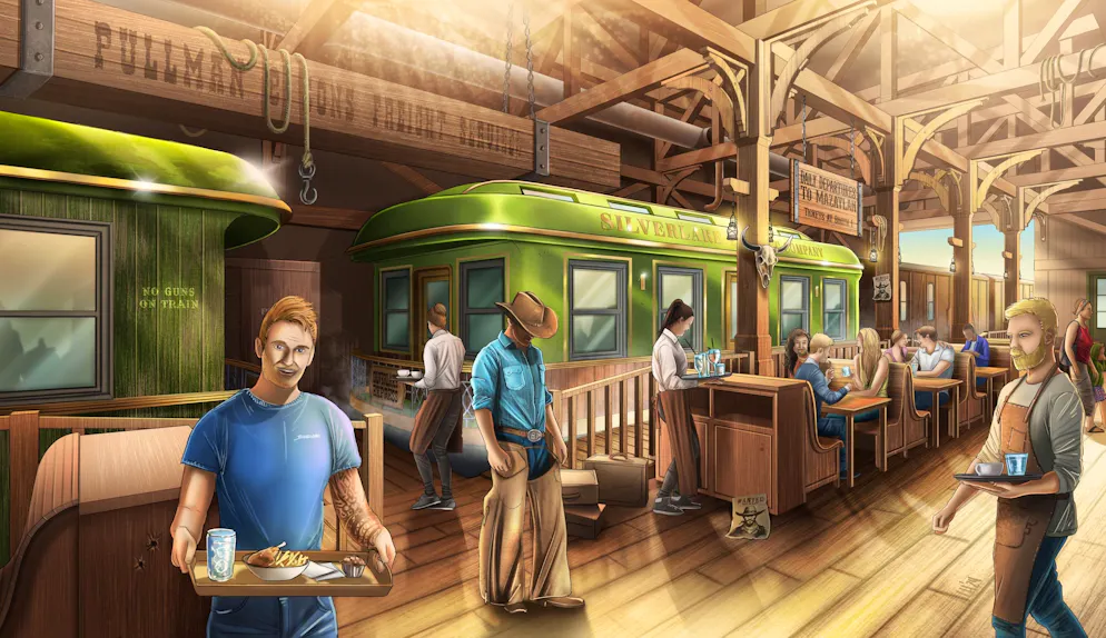 Dinieren wie die Cowboys: ein Wildwestbahnhof als Self-Service-Restaurant in Silver Lake City im Europa Park.
