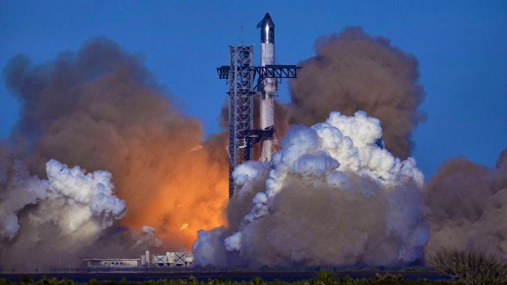 The Starship mega rocket at launch in Texas on Thursday.
