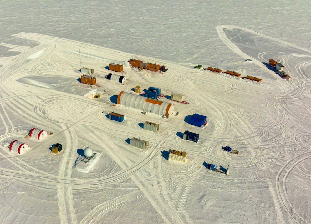 Aerial view of Camp Little Dome C of the international team of researchers in Antarctica.