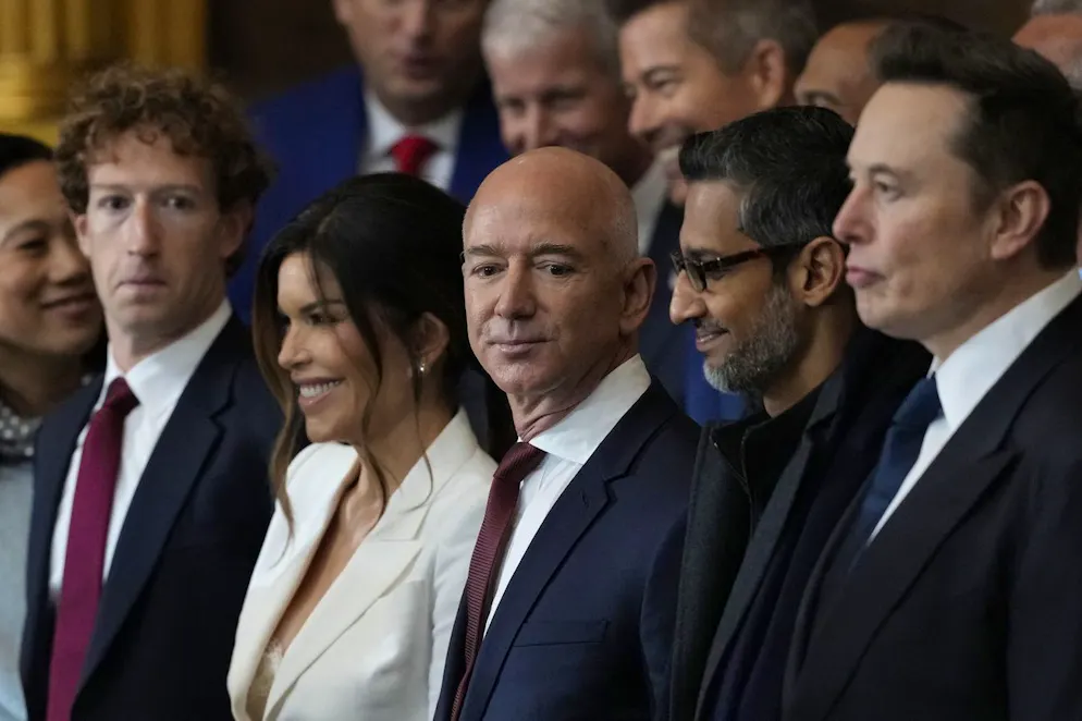 Die Bilder von Donald Trumps Amtseinführung. Von links: Mark Zuckerberg, Lauren Sanchez, Jeff Bezos, Sundar Pichai und Elon Musk.