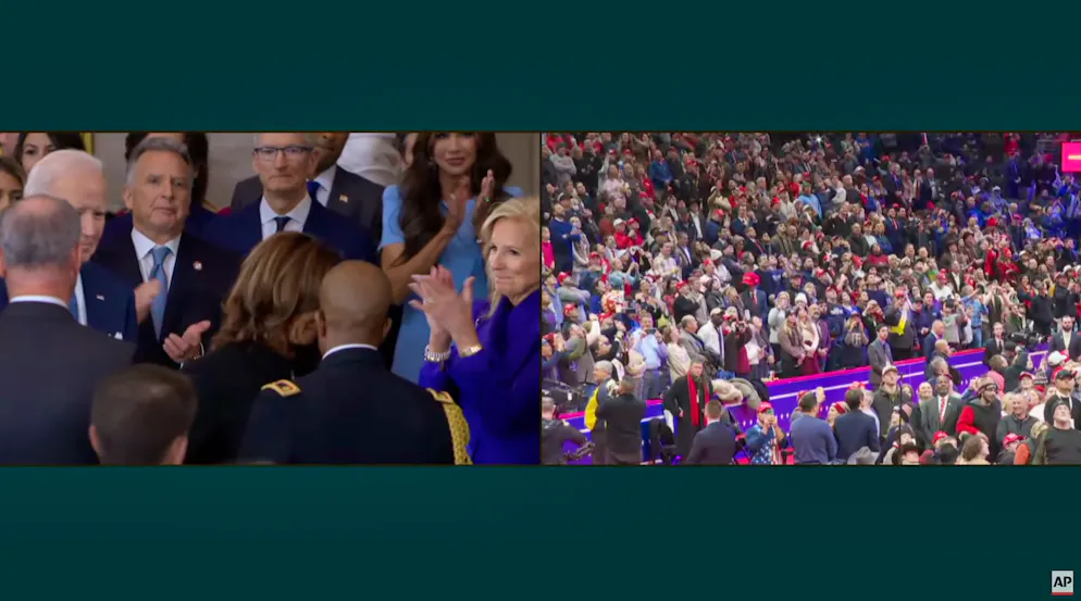 Im Kapitol gibt es für den Noch-Präsidenten Joe Biden und seine Vize Kamala Harris Applaus, im Sportstadion von Washington dagegen Pfiffe.